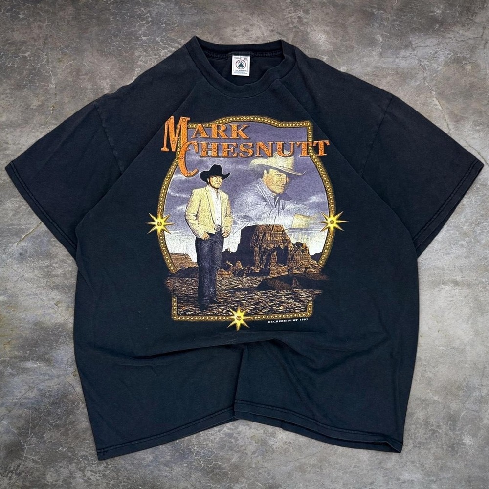 Vintage 1997 Mark Chestnutt Faded Black Graphic Tee Men's Size XXL Country Music